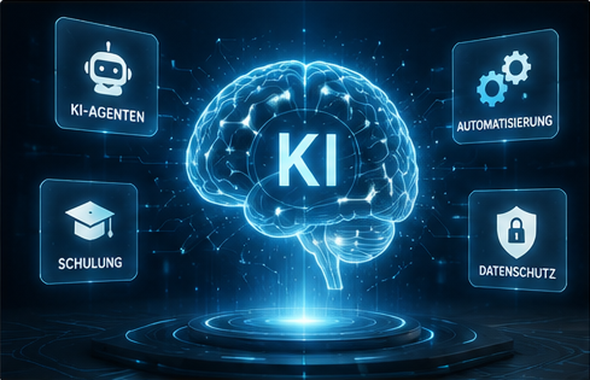 Grafik zu KI-Services mit Schulung, KI-Agenten, Automatisierung und Datenschutz